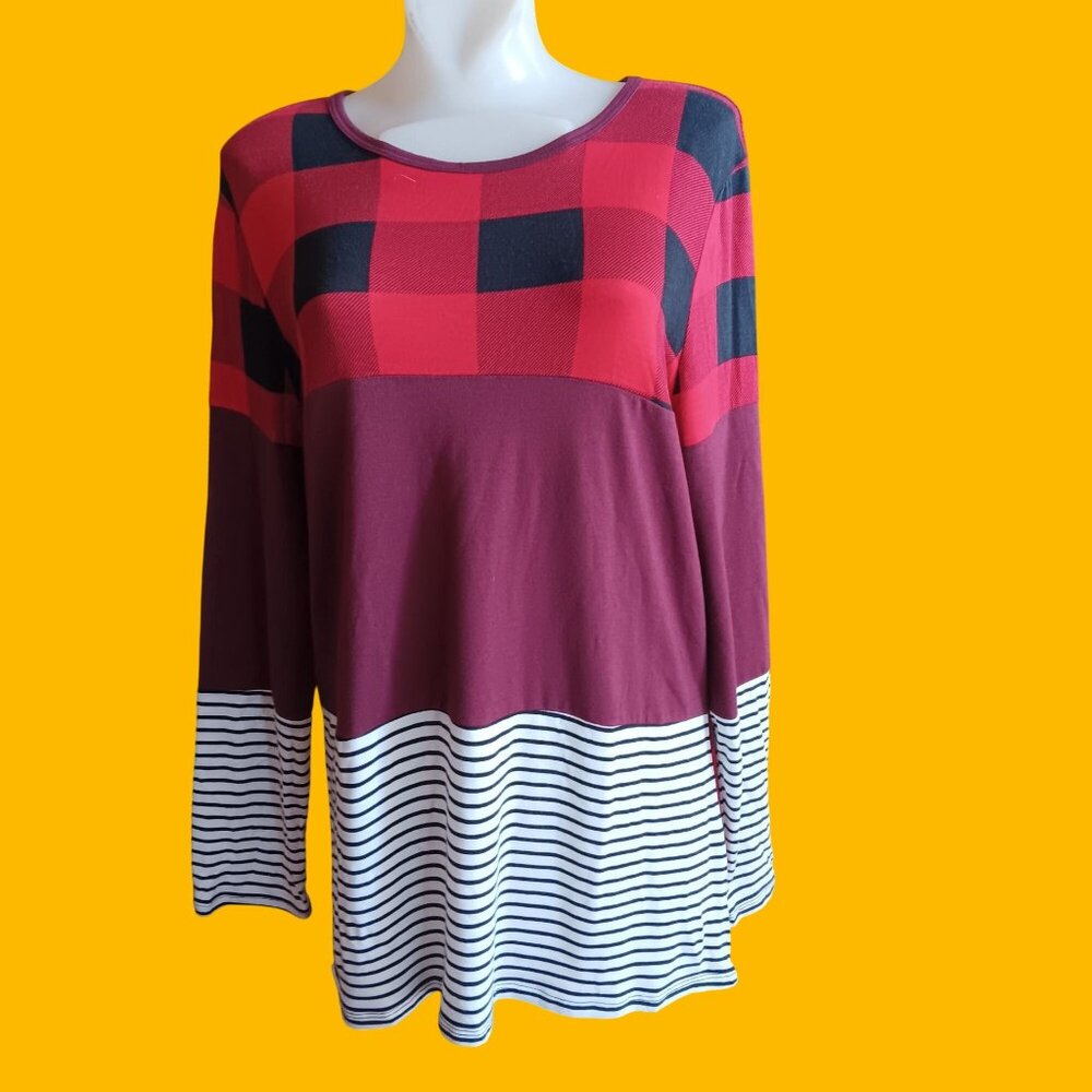 Small Long Sleeve Top Plaid Stripe Color Block Top Womens Soft Casual Zenana NWT